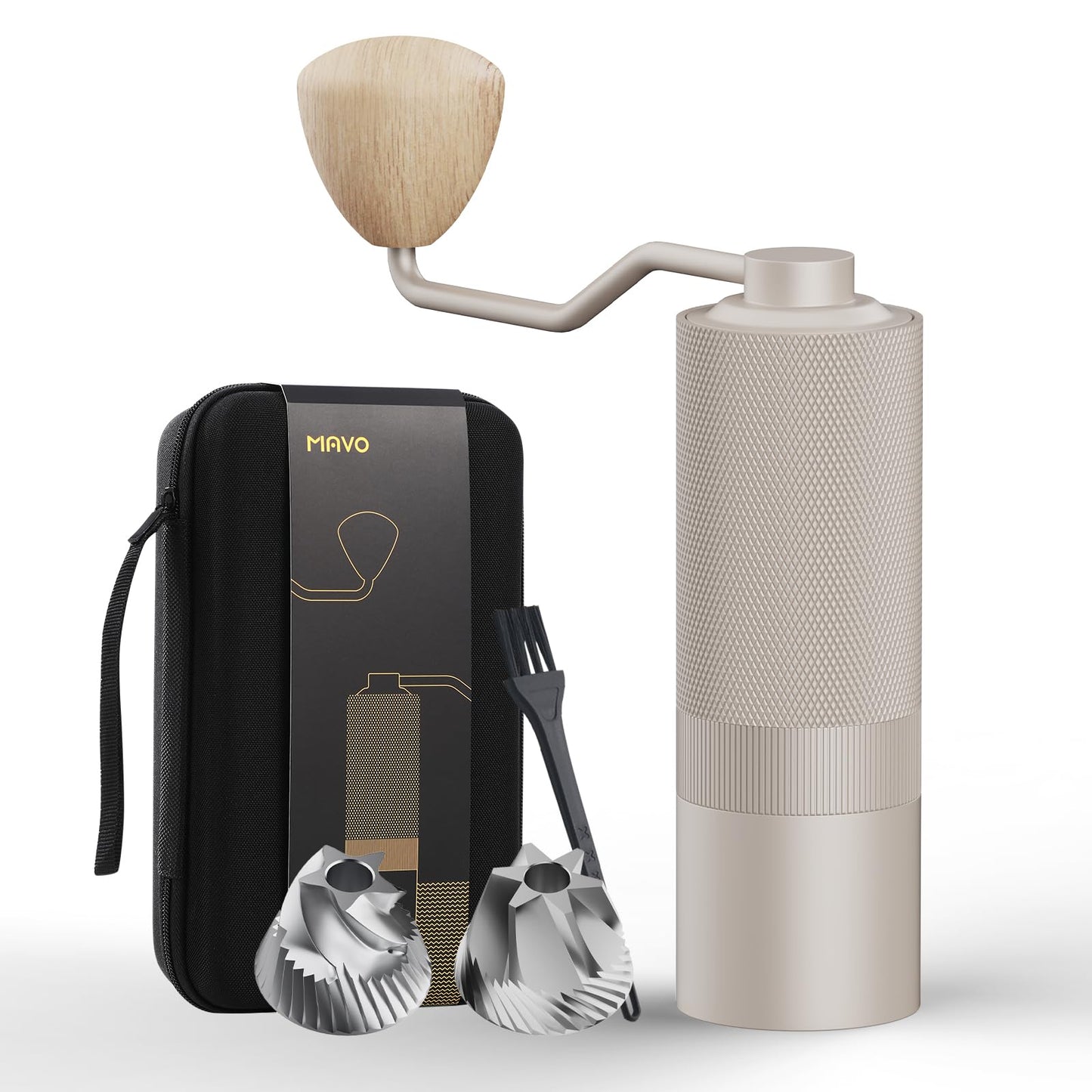 MAVO Manual Coffee Grinder, Wizard Hand Coffee Grinder, Capacity 25g with CNC Stainless Steel Pentagon Conical Burr, Adjustable Setting, Burr Coffee Bean Grinder for French Press, Pour Over, Silver