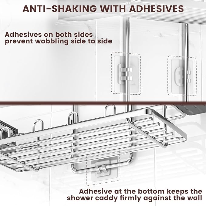 REINHARDT Shower Caddy Hanging, Rustproof Shower Caddy Anti-Swing Shower Organizer Over Showerhead No Drilling Shower Racks with Soap Holder Multi Hooks Bathroom Storage for Shampoo Sponge, Silver