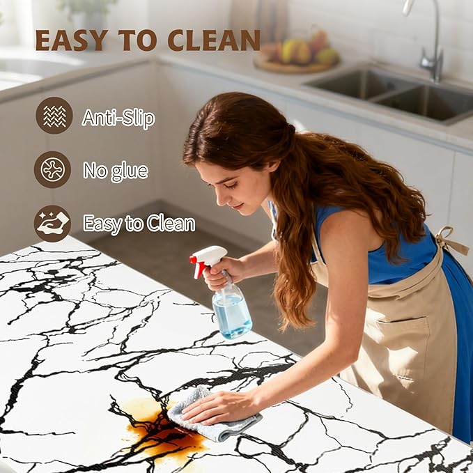 2-Layer Drawer and Shelf Liner for Kitchen Cabinet: 17.3in X 20Ft Non Slip Waterproof Shelf Paper Non Adhesive Refrigerator Liners White/Black Marble Easy Liners for Bathroom with Knife Tape Measure