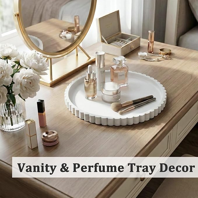 Silicone Bathroom Countertop and Vanity Tray, Round Silicone Bathroom Tray, Modern Bathroom Decor, Coffee Table Decor, Decorative Tray for Candle, Perfume, Plants (White, 9 inch)