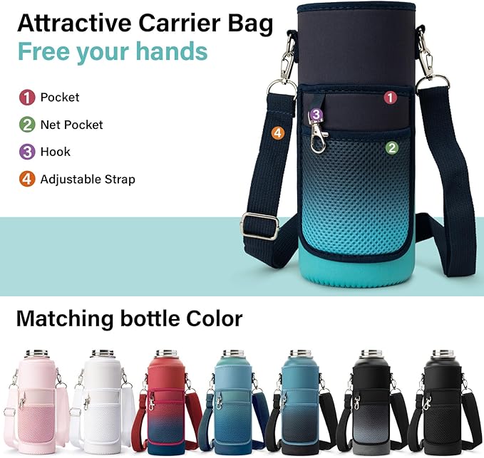 Insulated Water Bottle | Thickened Stainless Steel Vacuum Metal | Portable Sports Water Jug for Gym and Hiking with Straw, Carrier Bag, Handle Strap | BPA-Free 40 oz