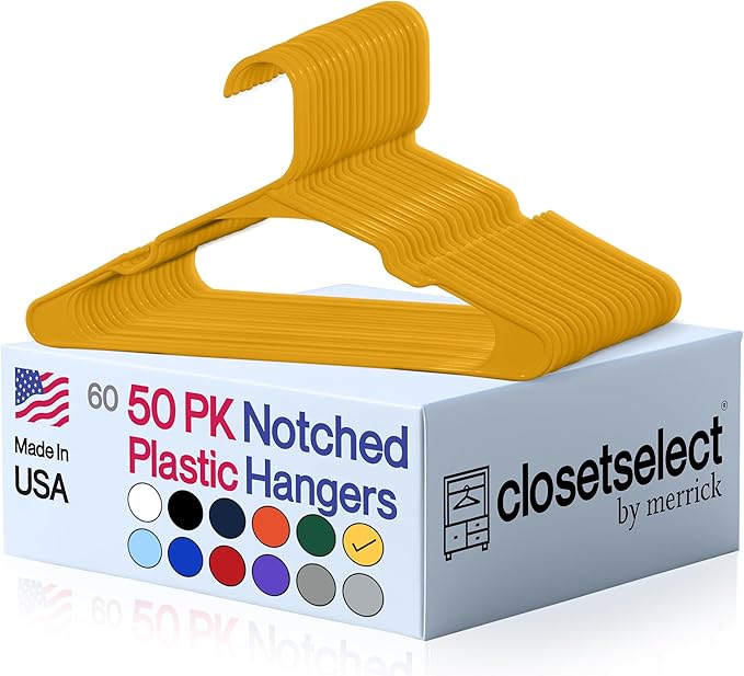 Plastic Hangers 50 Pack - Space Saving Clothes Hangers, Made in USA, Durable & Strong Plastic Shirt & Coat Hanger with Notches & Shoulder Grooves, Non-Slip Hangers | Scoreboard Yellow
