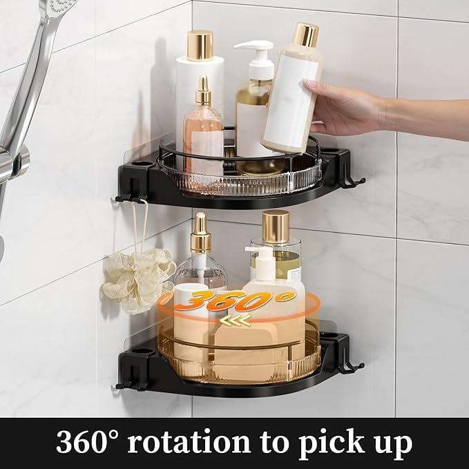 360° Rotating Corner Shower Caddy (2-Pack) - Lazy Susan Bathroom Organizer with Hooks, No-Drill Adhesive Mount for Shower, Kitchen, RV, Space-Saving ABS Plastic Shower Shelf