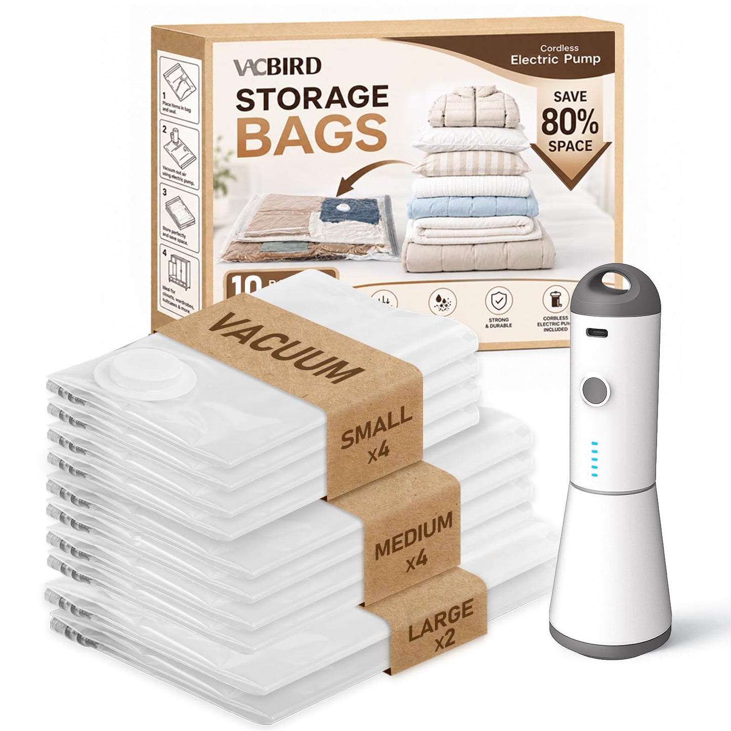 Vacbird Vacuum Seal Bags for Clothing, 20 Pack Vacuum Storage Bags with Rechargeable Cordless Air Pump(5J+5L+5M+5S), Space Saver Bags for Clothes Blanket Duvets Pillows Comforters Travel