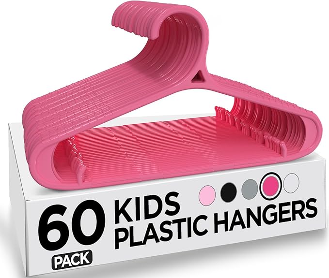 Utopia Home Kids Hangers 60 Pack - 11 Inch Plastic Baby Hangers for Closet - Childrens Hanger for Clothes & Infant Hanger for Closet - Non-Slip Shoulder Grooves, Strap Hooks & Pants Bar (Pink)