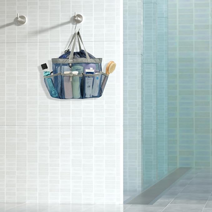 F-color Mesh Shower Caddy Portable with Drawstring - Large 8 Pockets Dorm Room Essentials for Guys Girls with S Hook, Shower Bag Basket Tote for College Camping Gym Travel Toiletry Bathroom, Blue