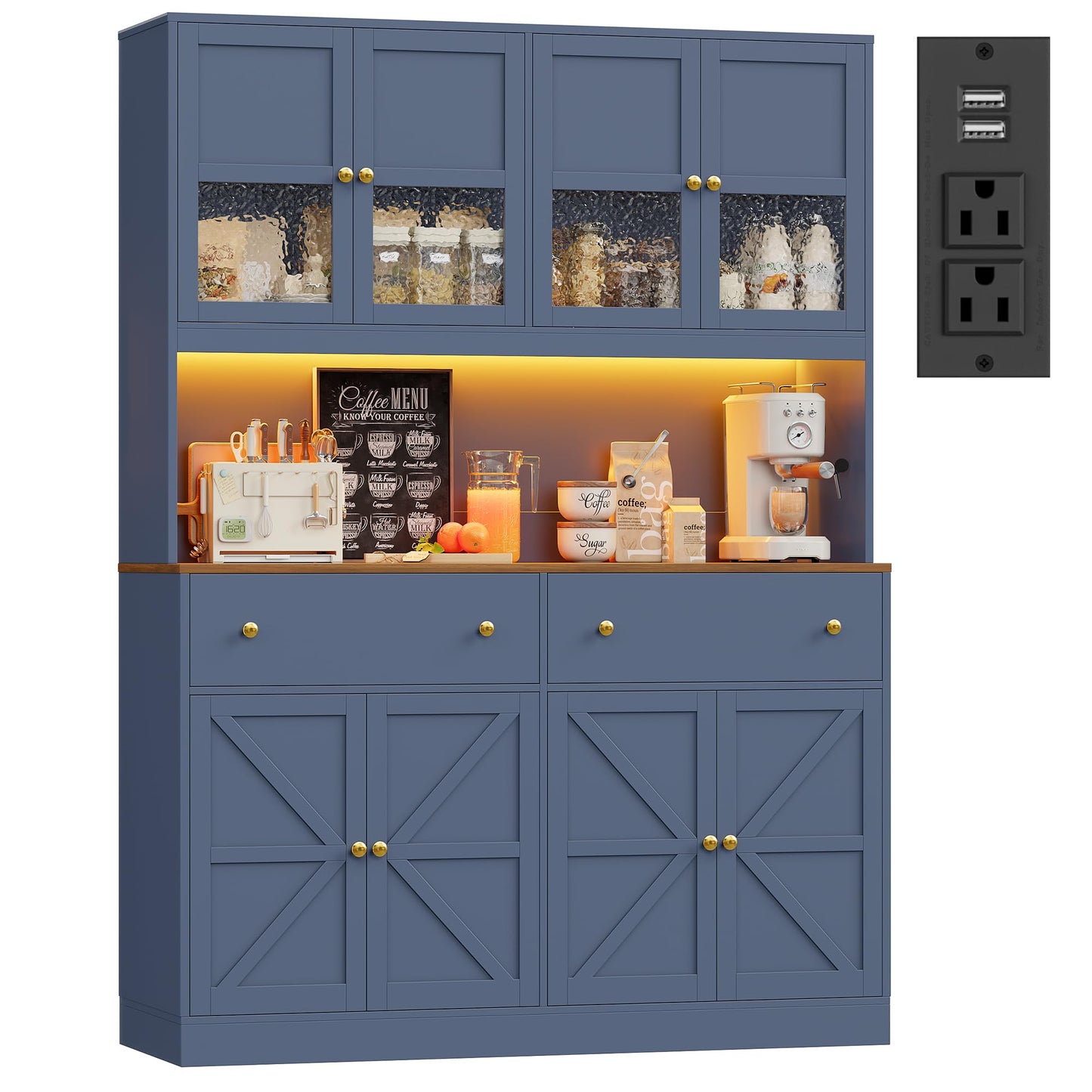 FINETONES 71" Pantry Cabinet with LED Light and Charging Station