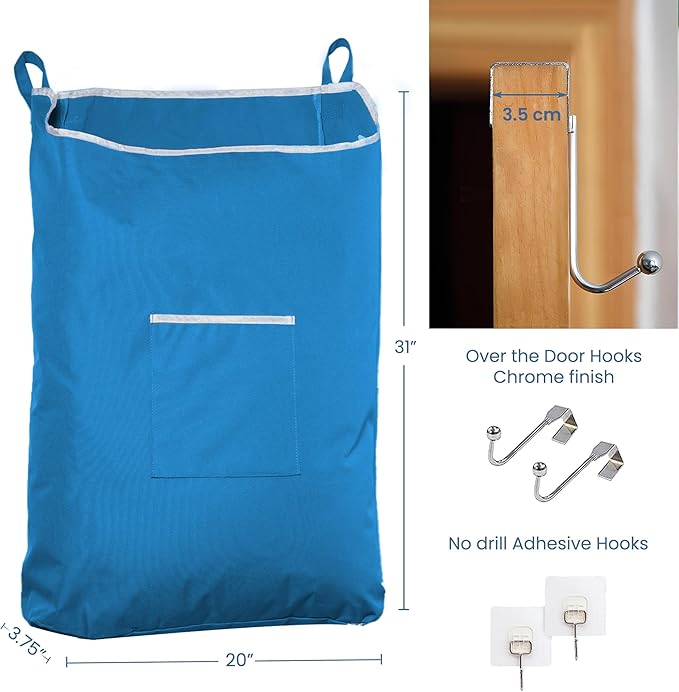 The Fine Living Co. X-Large Hanging Laundry Hamper with Over Door Hooks & Adhesive, Durable Space Saving Laundry Bag with Zipper and Wide Open Top, Hanging Dorm Laundry Hamper 20"x3.75"x31" (Blue-XL)