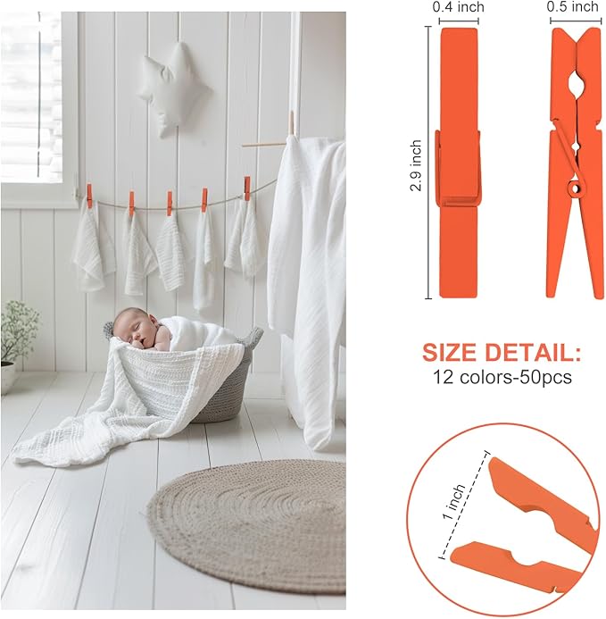 Colored Clothes pins 2.9inch 50PCS Orange, Colorful ClothesPins Wooden Clips for Photos Pictures Decorative Crafts, Decoration clothespins Clothing Hanging clothespins
