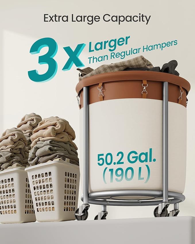 SONGMICS 50.2-Gallon (190 L) Laundry Basket with Wheels, Rolling Round Heavy-Duty Laundry Hamper Cart with Steel Frame and Removable Bag, 2 Locking Wheels, Coffee Brown and Cream White URLS001KQ02