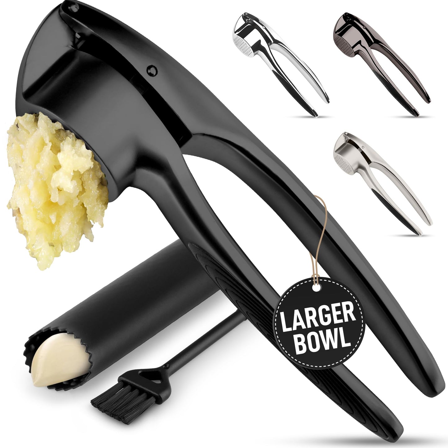 Zulay Kitchen Premium Garlic Press Set – Rust Proof & Dishwasher Safe Garlic Mincer Tool with Silicone Garlic Peeler & Brush, Easy Squeeze & Clean, Ergonomic Soft Grip Handle - Medium – Chrome