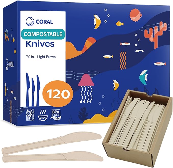 CORAL Light Brown 100% Compostable Spoons - 120 Heavy Duty No Plastic Spoons (6.5 inch) - Break Resistant with Smooth Edges, Ocean Friendly Alternative to Plastic Utensils - Biodegradable & Disposable