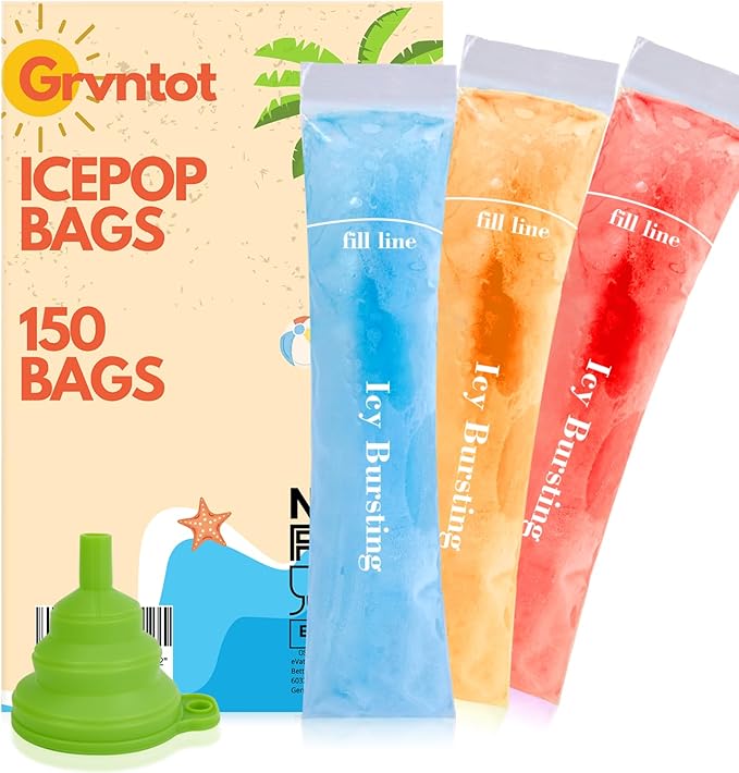 100 MAX Disposable Ice Popsicle Mold Bags (12x2.5") for DIY Natural Fruit Snacks, Juice & Smoothies, Ice Pops Molds | BPA-Free, Zip Seals, Funnel Included