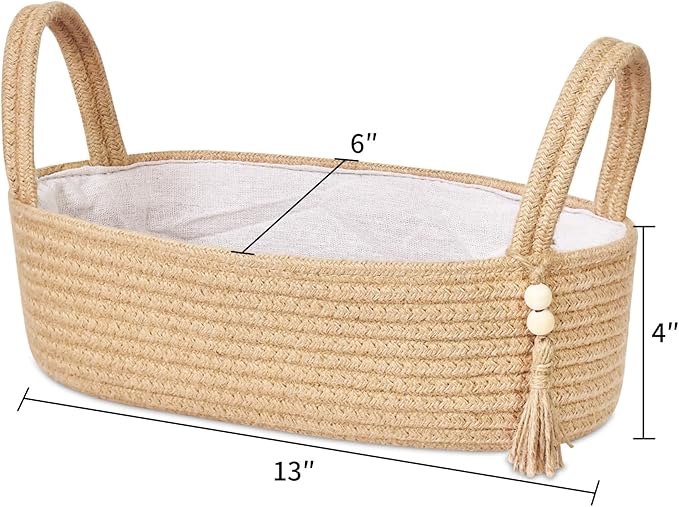 ABenkle Jute Rope Boho Storage Basket, Small Woven Bathroom Organizer, Decorative Toilet Paper Holder for Back of Tank, Hand Towel Caddy, Home Office Desk Decor, Gift Basket-13x6x4 Inches