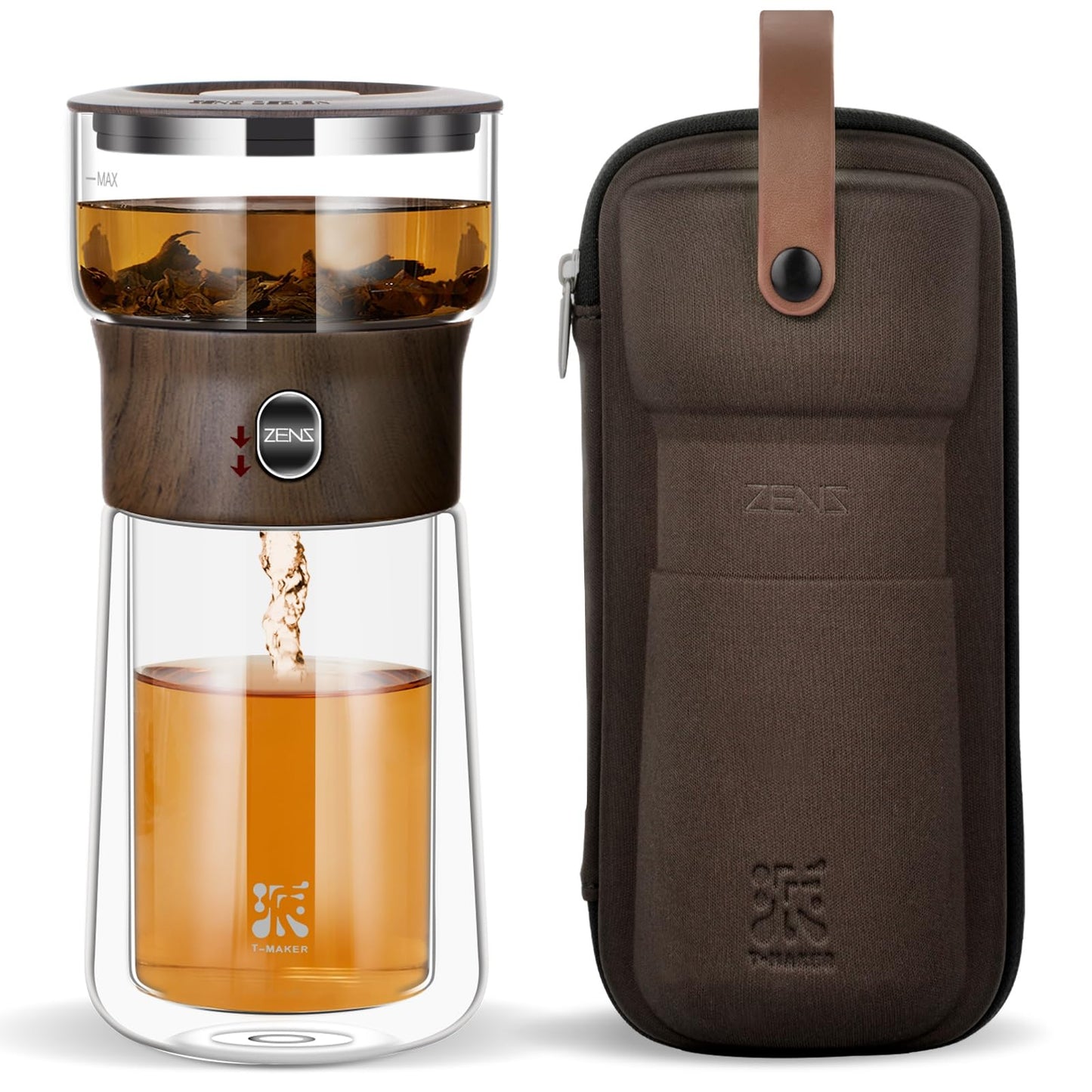 ZENS Glass Tea Infuser Pot, Modern One Touch Tea Maker for Tea Steeping