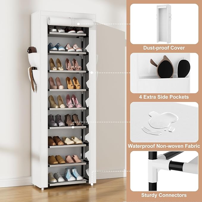 Shoe Rack with Cover Narrow Shoe Rack Organizer with 4 Side Pockets 10 Tier Tall Shoe Storage Shoe Shelf Holds 18-22 Pairs Shoes and Boots Shoe Rack for Closet, White