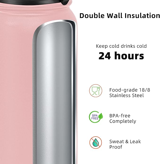Fanhaw 20 oz Insulated Stainless Steel Water Bottle with Anti-Dust Chug Lid & Carabiner Lid, Leakproof Vacuum Metal Bottle for Kids, Women & Men (Pink)