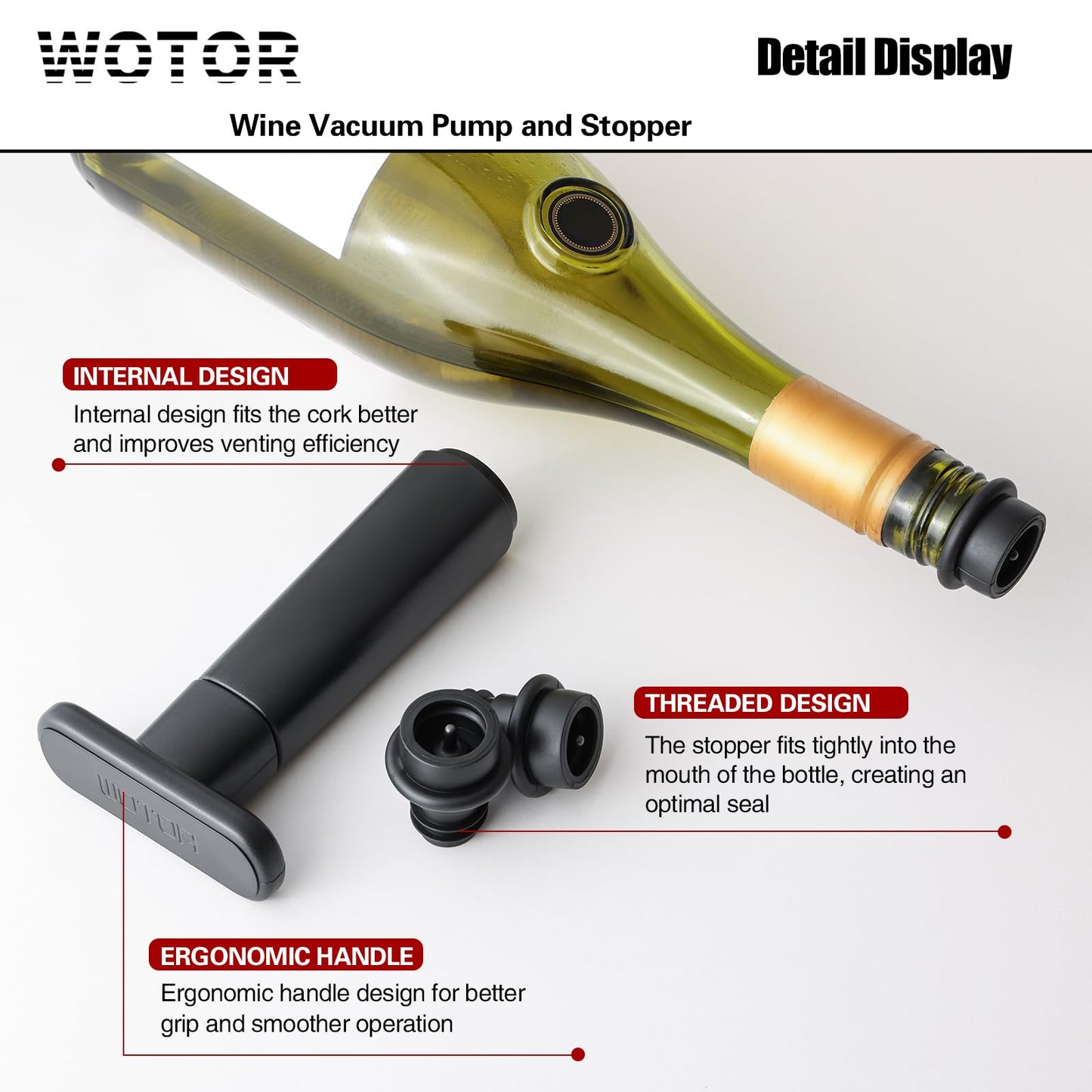 WOTOR Wine Saver Vacuum Pump with 20 Stoppers, Wine Preserver, Black