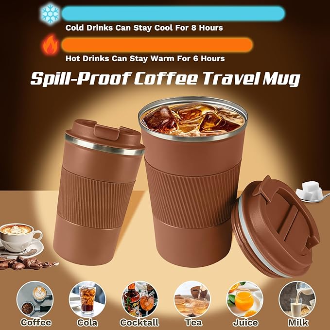 Vacuum-Insulated Stainless Steel Travel Coffee Mug, Leak-Proof Reusable Coffee Cup with Lid-Keep Hot & Cold Drinks for Hours, Durable Insulated Tumbler for Men & Women(3rd-Light Coffee, 12OZ)