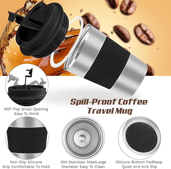 Vacuum-Insulated Stainless Steel Travel Coffee Mug, Leak-Proof Reusable Coffee Cup with Lid-Keep Hot & Cold Drinks for Hours, Durable Insulated Tumbler for Men & Women(3rd-Silver black, 12OZ)