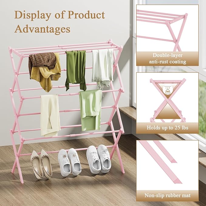 Foldable Drying Rack Clothing, 3-Tier Portable Clothes Drying Racks for Indoor & Outdoor, Anti-Rust Compact Laundry Rack Collapsible, Pink 28" D x 10" W x 35" H