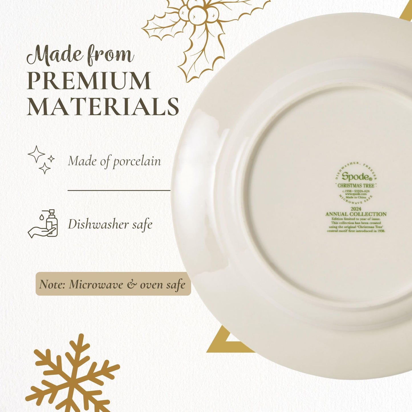 Spode Christmas Tree Collector Plate - Exclusive Border with Red Ribbon & Black Check, Seasonal Display or Holiday Tableware Use, 8" Porcelain Plate - Microwave & Dishwasher Safe, Great Holiday Gift