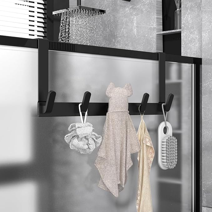 Over The Door Hooks Hanger, Heavy Duty Rack for Winter Coat, Fits 1 3/8" Doors, L7U - Bathroom Accessories and Towel Organizer Holder, Matte Black
