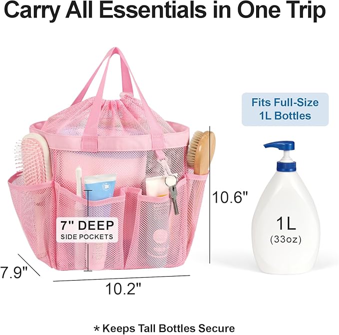 F-color Mesh Shower Caddy Portable with Drawstring - Large 8 Pockets Dorm Room Essentials for Guys Girls with S Hook, Shower Bag Basket Tote for College Camping Gym Travel Toiletry Bathroom, Pink