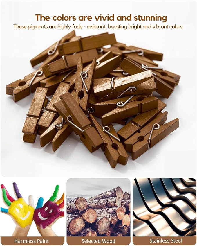Mini Clothes Pins Wooden Colored Small Clothespins for Photo 1.4 Inch 50 PCS Brown, Tiny Clips Close Pin for Baby Shower Classroom Crafts Project Decorations Hanging Pegs