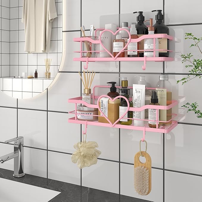 Pink Shower Caddy with 4 Removable Hooks, 2 Pack Sweet Heart Shower Shelves,No Drilling Adhesive Organizer Shelf for Bathroom Shower,Kitchen,Bedroom