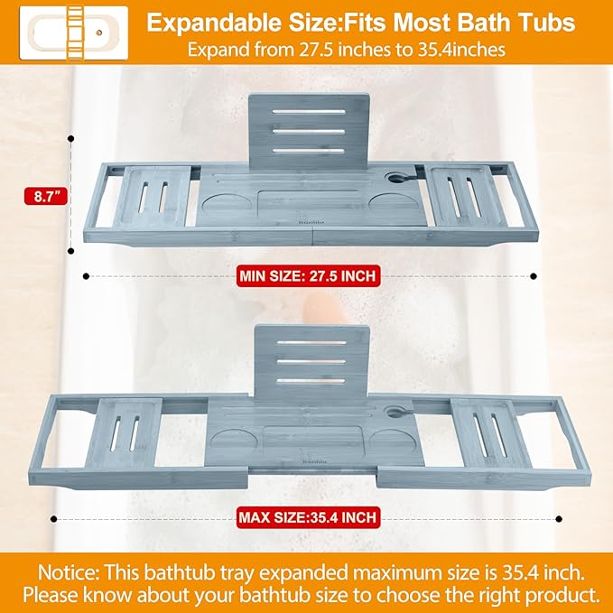 Bathtub Tray Caddy - Bath Tray - Bath Tub Tray Caddy - Bamboo Bath Tray for Tub - Expandable Size, Fits Most Tubs