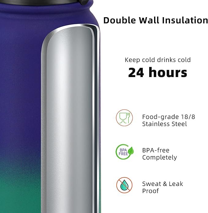 Fanhaw 20 oz Insulated Stainless Steel Water Bottle with Anti-Dust Chug Lid & Carabiner Lid, Leakproof Vacuum Metal Bottle for Kids, Women & Men (Purple Green)