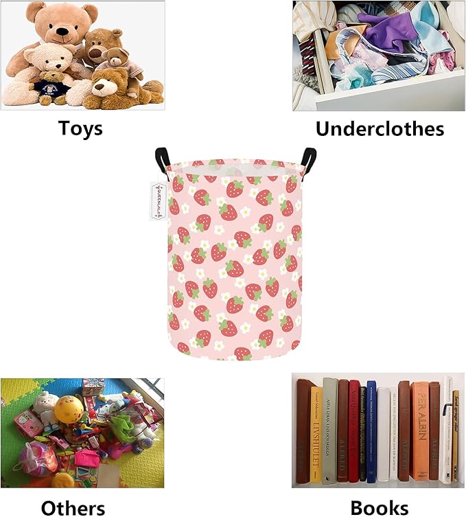 QUEENLALA Large Storage Basket,Laundry Hamper/Bathroom/Home Decor/Collapsible Round Storage Bin,Boys and Girls Hamper/Boxes/Clothing(Round-Pink Strawberry)
