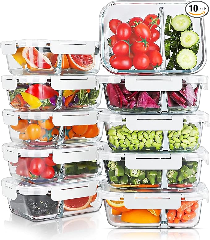 KOMUEE 10 Packs 30oz Glass Meal Prep Containers 2 Compartments, Green