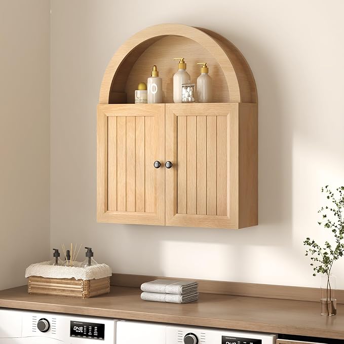 Arched Bathroom Wall Cabinet, 23.6 x 30.3'' Over The Toilet Cabinet with Grille Door, Adjustable Shelf, Wall Mounted Cabinets for Bathroom Laundry Room Kitchen (Oak, 30IN)