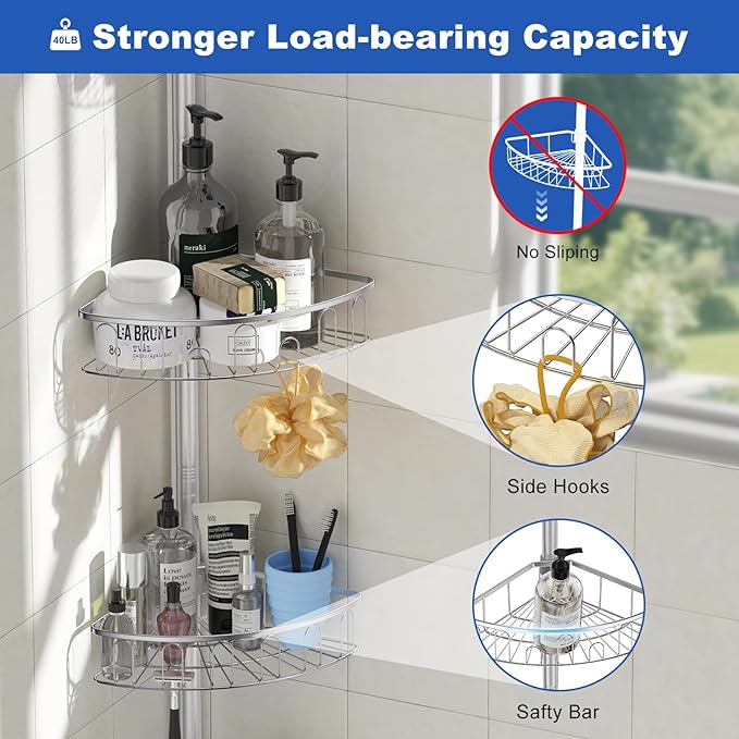 Corner Shower Caddy Tension Pole: Aluminum Shower Caddy Rod with Stainless Steel 4 Adjustable Rustproof Shelves Organizer for Bathroom, 47-121 inch, No Drilling, Quick Installation, Heavy Duty