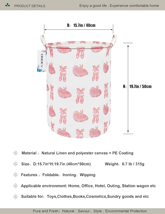 Round waterproof laundry basket,foldable storage basket,laundry Hampers with handle,gift basket,suitable for children's room and toy storage (Pink lace dance shoes)