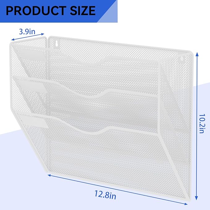 3 Pockets Hanging Wall File Organizer Mail Holder, Wall Mounted Paper Document Folder Holder, Clipboard Storage Organization Magazine Rack, White