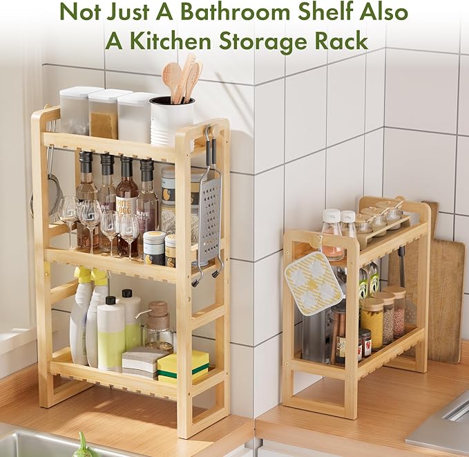 AmazerBath Bamboo Over The Toilet Storage Shelf - 3-Tier Bathroom Organizers and Storage Shelves, 2 in 1 Dual Stable Above Over Toilet Bamboo Shelf Home Storages Rack for Small Bathroom, Space Saver