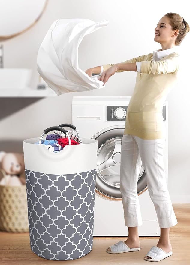 Large Laundry Basket Laundry Hamper Bag Washing Bin Clothes Bag Collapsible Tall with Handles Waterproof Travel Bathroom College Essentials Storage for College Dorm, Family (Grey) 82L