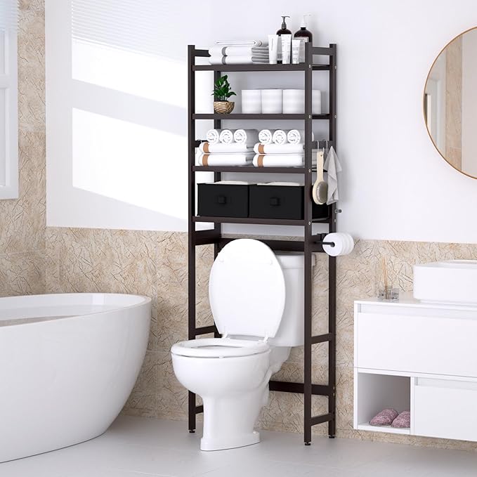 Over The Toilet Storage with 2 Baskets, 4-Tier Bamboo Organizer Rack with Paper Holder & 4 Hooks & Waterproof Feet Pad,Freestanding Shelf for Bathroom(Brown)