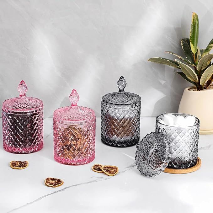 rejomiik Qtip Holder Glass Apothecary Jars with Lid for Bathroom Canisters Dispenser Decor, Storage Organizer for Cotton Swabs, Balls, Pads, Floss Picks, Candy, Pink