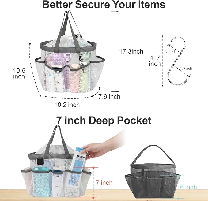 F-color Mesh Shower Caddy Portable with Drawstring - Large 8 Pockets Dorm Room Essentials for Guys Girls with S Hook, Shower Bag Basket Tote for College Camping Gym Travel Toiletry Bathroom, White