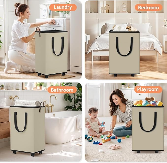 Laundry Basket with Wheels, Collapsible Laundry Baskets, Laundry Hamper with Handles Detachable Wheels, Rolling Laundry Basket, Dirty Clothes Hamper for Bathroom, Dorm, Bedroom, Beige, 80L