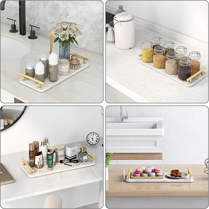 Toilet Paper Basket, Stainless Steel Tank Tray with Handle for Organizing - Toilet Paper Basket Storage for Tank, Bathroom, Kitchen Counter (Marble+Gold)