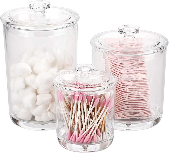 Hipiwe Clear Plastic Apothecary Jars with Lid, Large Size Bathroom Storage Canister Jar Cotton Ball and Swab Organizer Q-Tips Holder, 60-Ounce, 30-Ounce and 15-Ounce, Set of 3