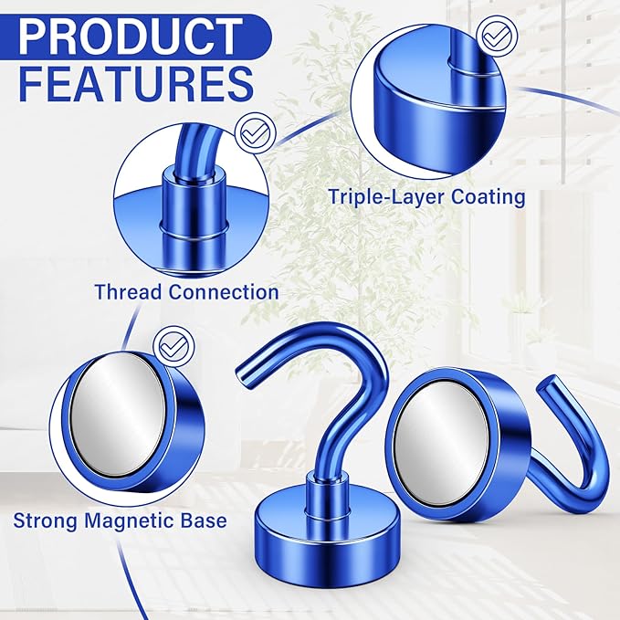 Magnetic Hooks, 25lb Heavy Duty Magnets with Hook, Strong Magnetic Hook Heay Duty for Cruise Cabins, Grill, Classroom, Garage, Household Essentials (Blue, Pack of 8)