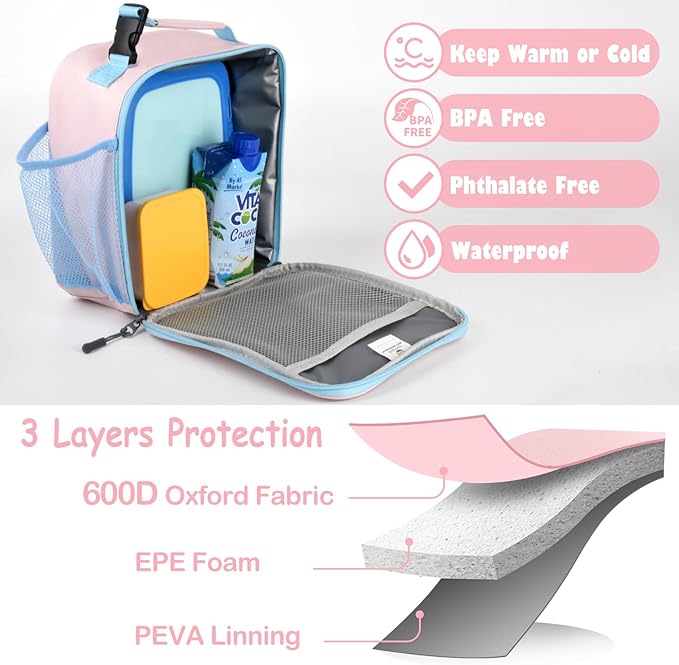 Lunch Box Kids,Premium Insulated Lunch Bag for Girls Boys,Soft Bag Mini Cooler Back to School Thermal Reusable Lunch Bag for Work School Picnic (Pink)
