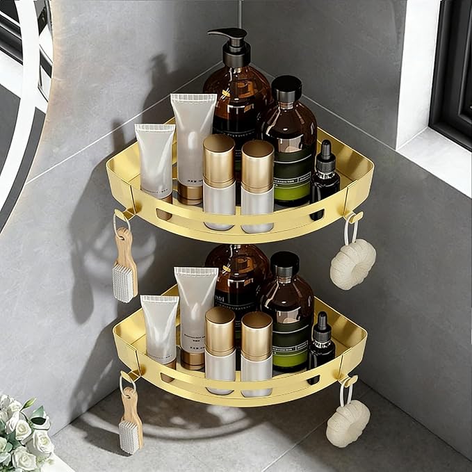 NearMoon Bathroom Corner Shelf Shower Caddy 2 Pack, No Drill 304 Stainless Steel Shower Organizer with 2 Hooks (Gold)