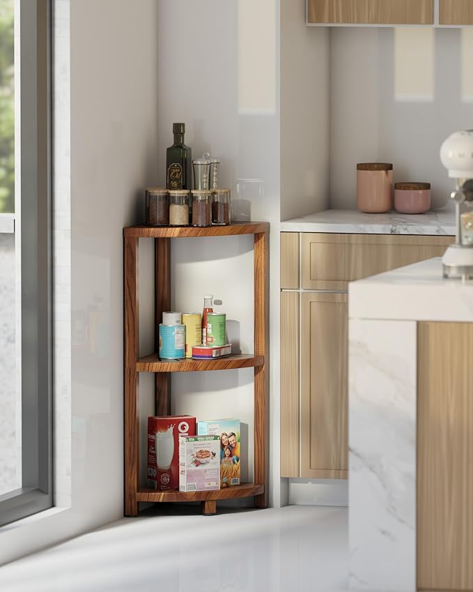 BLUEWEST 3-Tier Corner Shower Caddy Stand, Wood Shower Organizer Standing with Anti-Slip Feet, Waterproof & Durable Bathroom Corner Shelf, Space-Saving Design Storage for Kitchen or Living Room